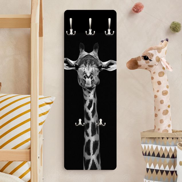 Wall mounted coat rack black and white Dark Giraffe Portrait