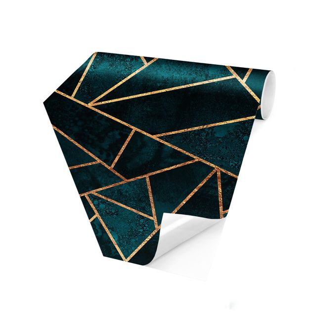 Hexagonal wall mural Dark Turquoise With Gold