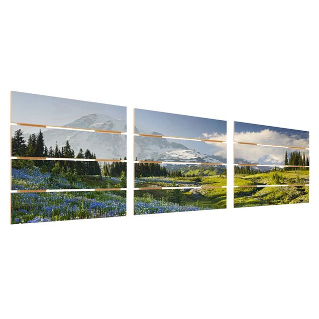 Prints Mountain Meadow With Blue Flowers in Front of Mt. Rainier