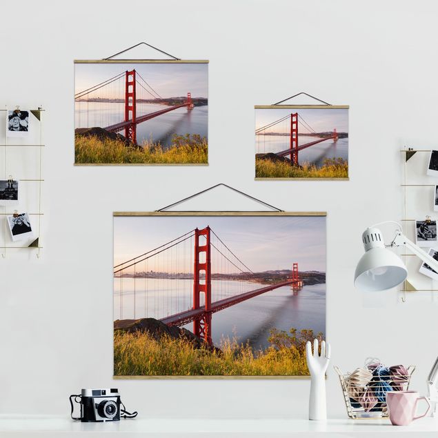 Fabric print with posters hangers Golden Gate Bridge In San Francisco