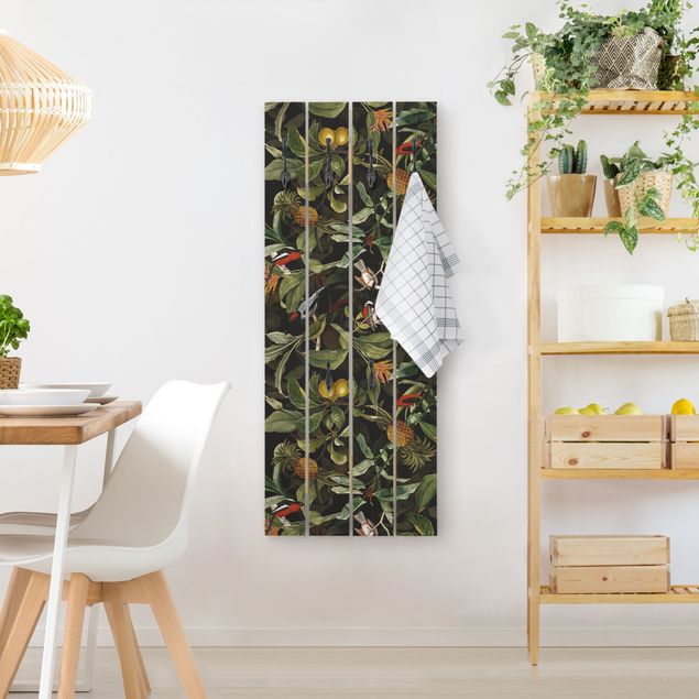 Wall mounted coat rack wood Birds With Pineapple Green