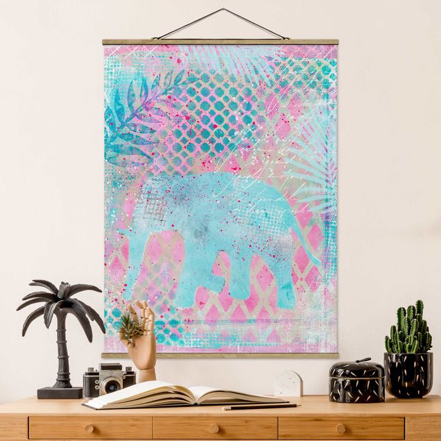 Kitchen Colourful Collage - Elephant In Blue And Pink
