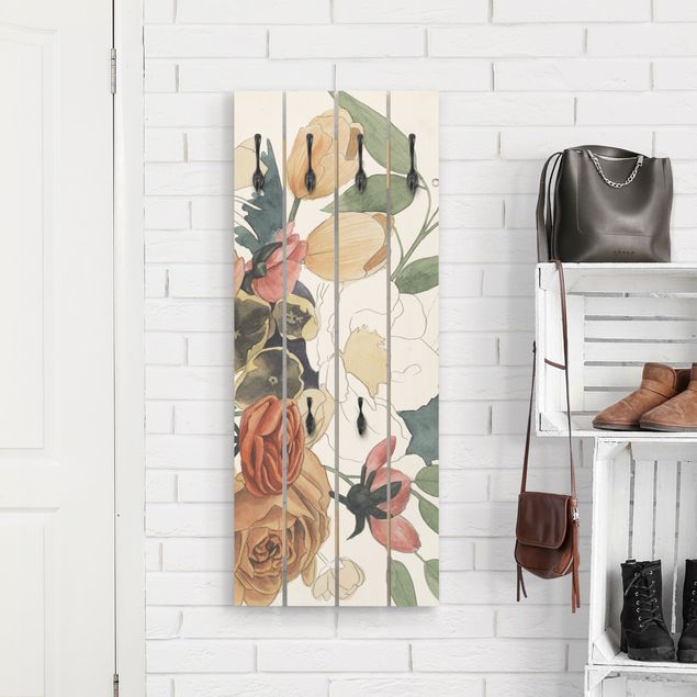 Wall mounted coat rack flower Drawing Flower Bouquet In Red And Sepia II