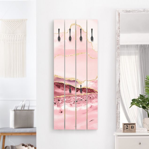 Wooden wall mounted coat rack Abstract Mountains Pink With Golden Lines