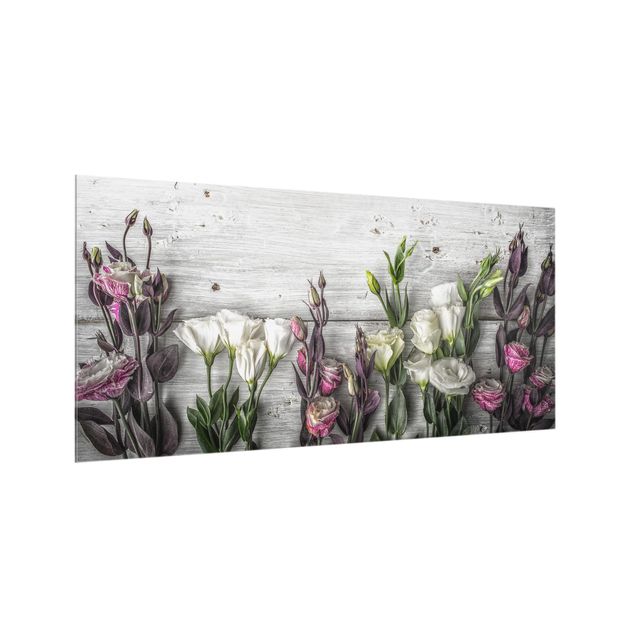 Glass splashback kitchen flower Tulip Rose Shabby Wood Look