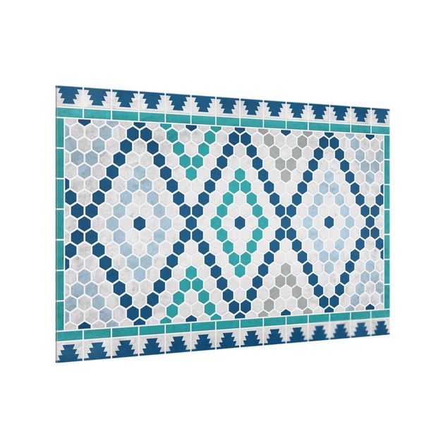 Glass splashback patterns Moroccan tile pattern turquoise blue