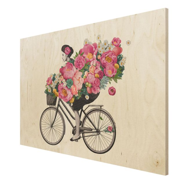 Wood prints flower Illustration Woman On Bicycle Collage Colourful Flowers