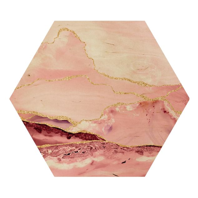 Modern art prints Abstract Mountains Pink With Golden Lines