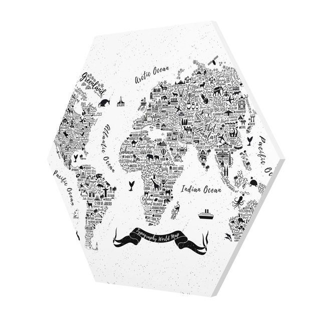 Prints black and white Typography World Map White