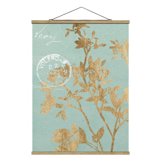 Floral canvas Golden Leaves On Turquoise II