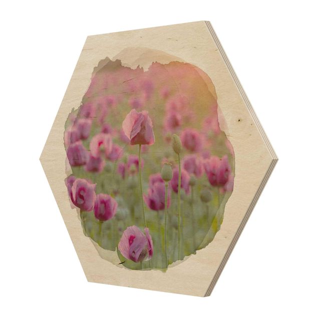 Wooden hexagon - WaterColours - Violet Poppy Flowers Meadow In Spring
