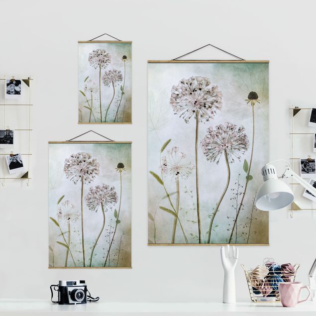 Fabric print with posters hangers Allium flowers in pastel
