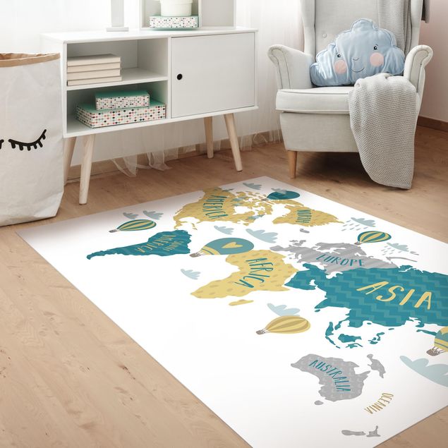 outdoor balcony rug World Map with Hot-Air Balloon