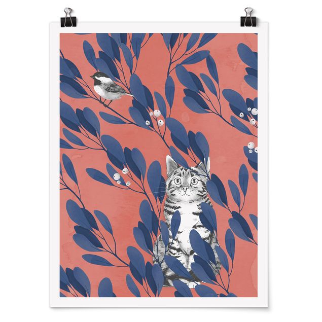 Art posters Illustration Cat And Bird On Branch Blue Red