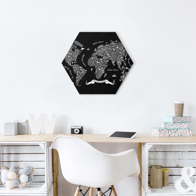 Quote wall art Typography World Map Black