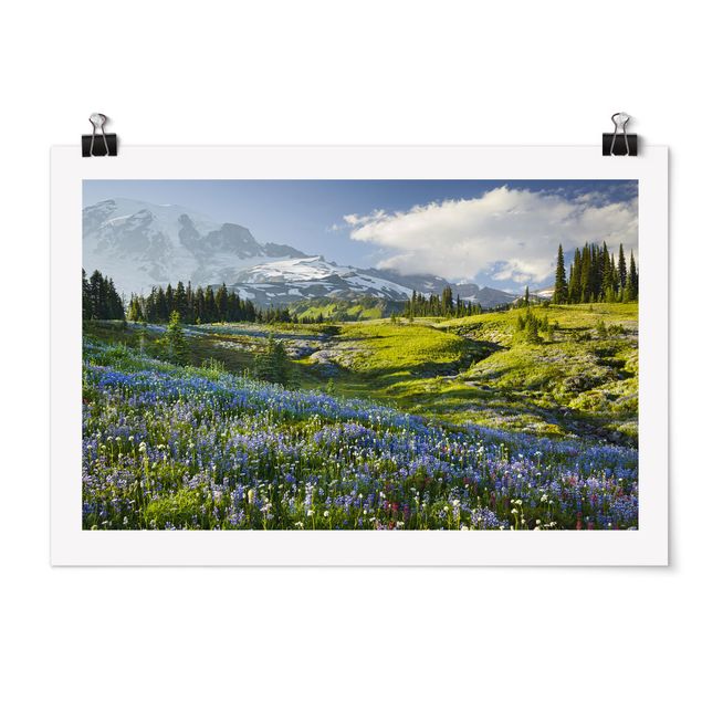 Tree print Mountain Meadow With Blue Flowers in Front of Mt. Rainier