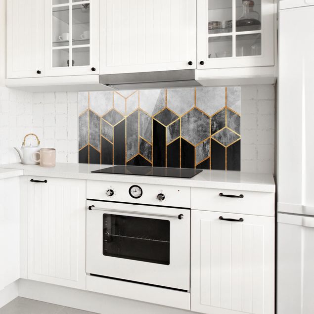 Patterned glass splashbacks Golden Hexagons Black And White