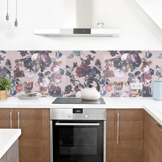 Kitchen splashback patterns Old Masters Flowers With Tulips And Roses On Pink