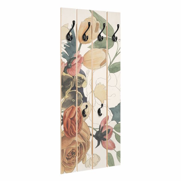 Wall mounted coat rack Drawing Flower Bouquet In Red And Sepia II