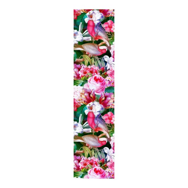 Sliding panel curtains flower Colourful Tropical Flowers With Birds Pink