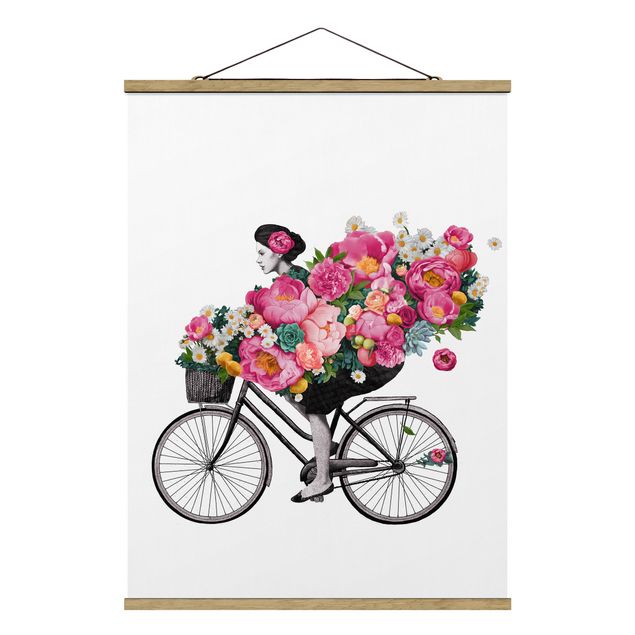 Prints flower Illustration Woman On Bicycle Collage Colourful Flowers