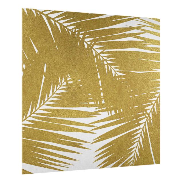 Glass art splashbacks View Through Golden Palm Leaves