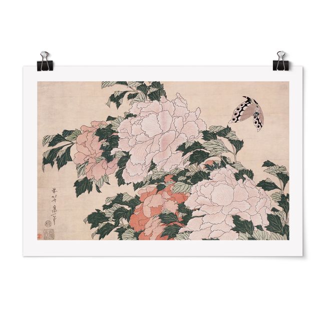 Canvas art Katsushika Hokusai - Pink Peonies With Butterfly