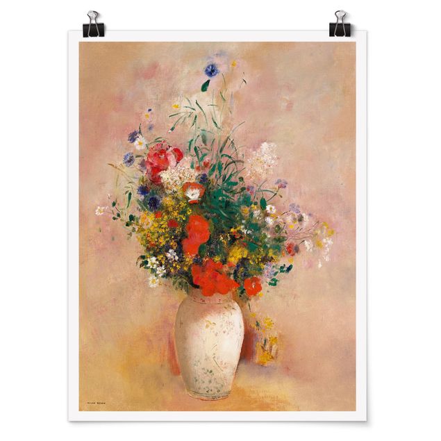 Art posters Odilon Redon - Vase With Flowers (Rose-Colored Background)