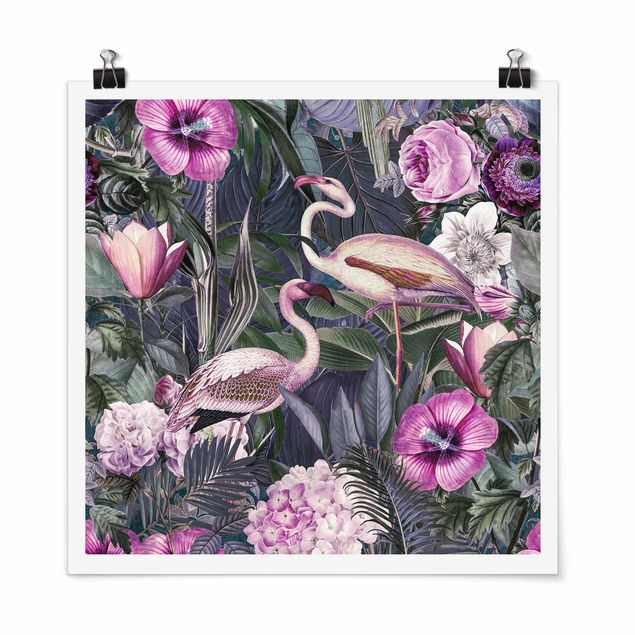 Art posters Colourful Collage - Pink Flamingos In The Jungle
