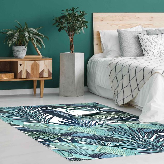 outdoor balcony rug Turquoise Leaves Jungle Pattern