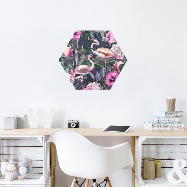 Canvas art Colorful Collage - Pink Flamingos In The Jungle