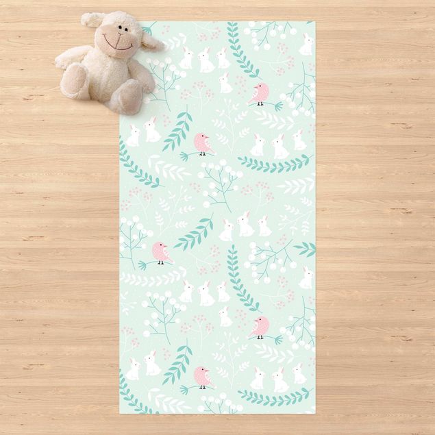 outdoor mat White Rabbits And Light Pink Birds In Thicket