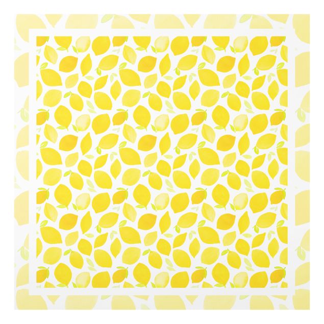 Glass splashback kitchen Watercolour Lemons with Leaves And Frame