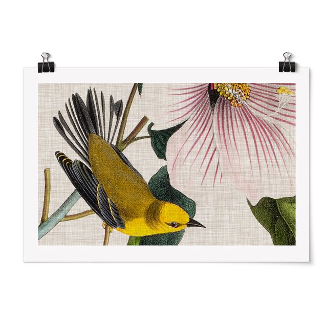 Prints floral Bird On Linen Yellow I