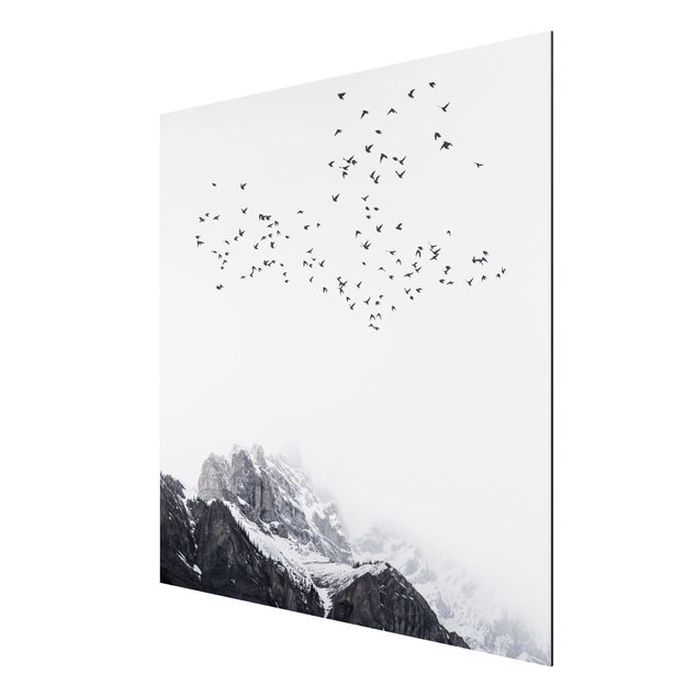 Mountain prints Flock Of Birds In Front Of Mountains Black And White