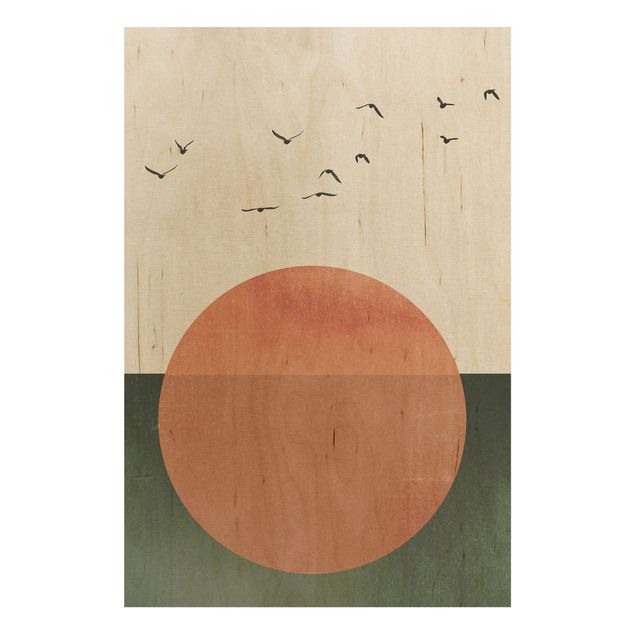 Wood prints landscape Flock Of Birds In Front Of Rising Sun