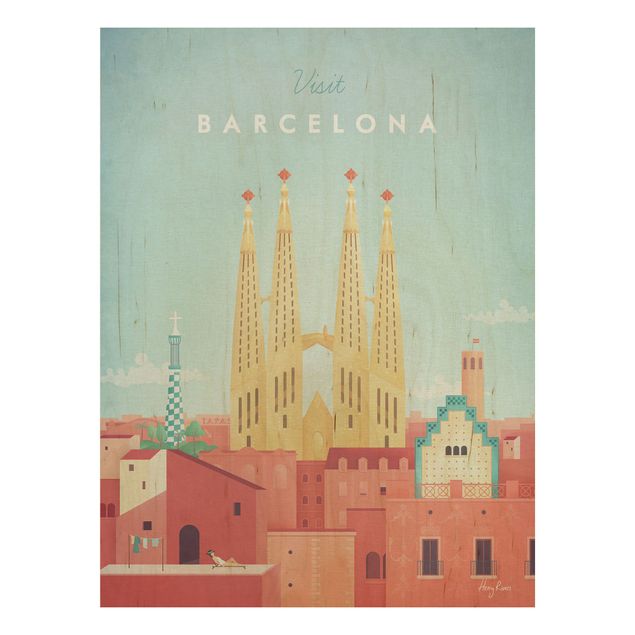 Wood prints vintage Travel Poster - Barcelona