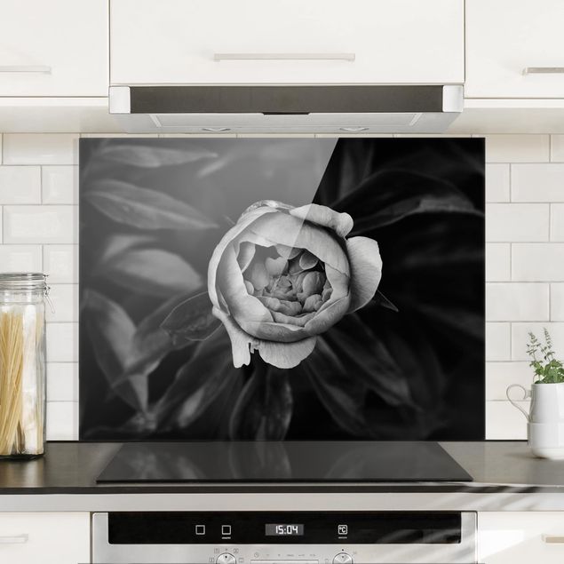 Kitchen Peony Flower White Front Leaves Black