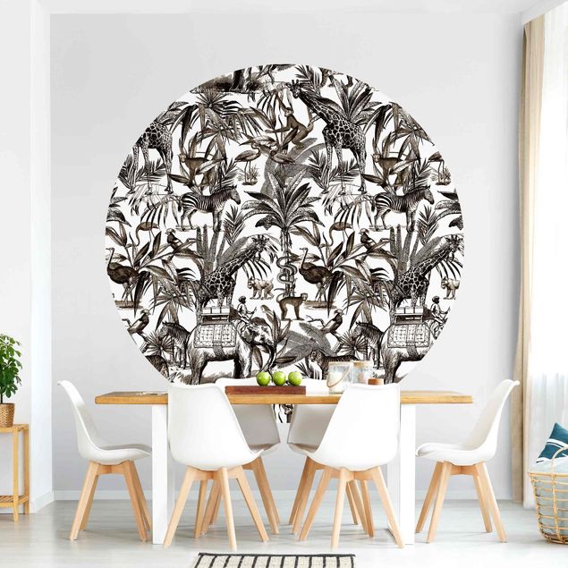 Kitchen Elephants Giraffes Zebras And Tiger Black And White With Brown Tone