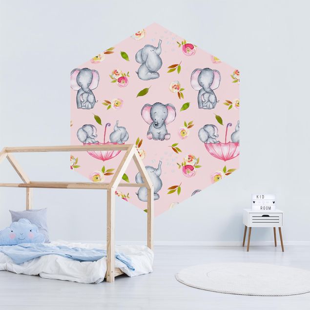 Contemporary wallpaper Elephant With Flowers In Front Of Pink
