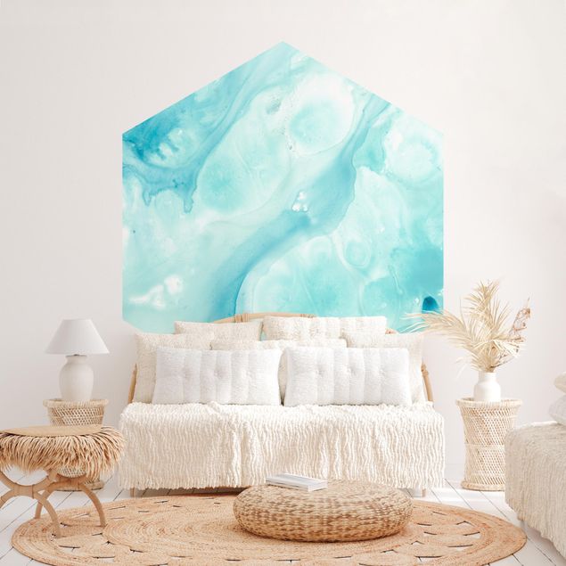 Self-adhesive hexagonal wall mural Emulsion In White And Turquoise I