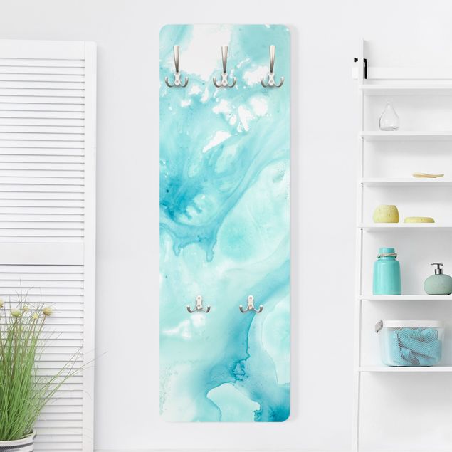 Wall mounted coat rack blue Emulsion In White And Turquoise I