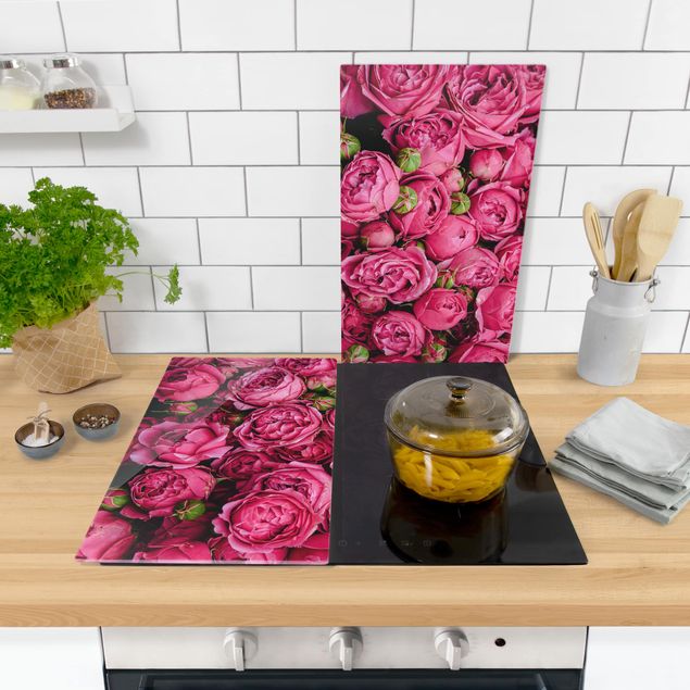Glass stove top cover Pink Peonies
