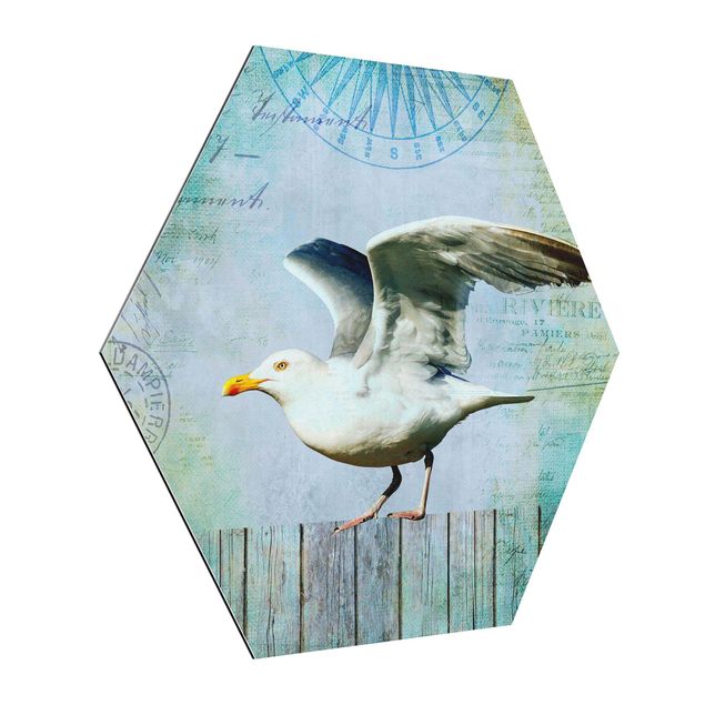 Animal wall art Vintage Collage - Seagull On Wooden Planks