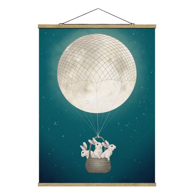 Modern art prints Illustration Rabbits Moon As Hot-Air Balloon Starry Sky