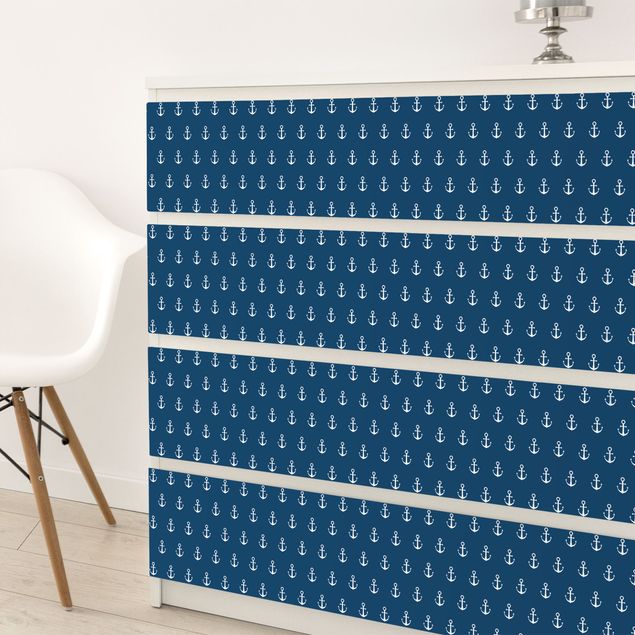 Adhesive films for furniture frosted Monogram Anchor Pattern Blue White