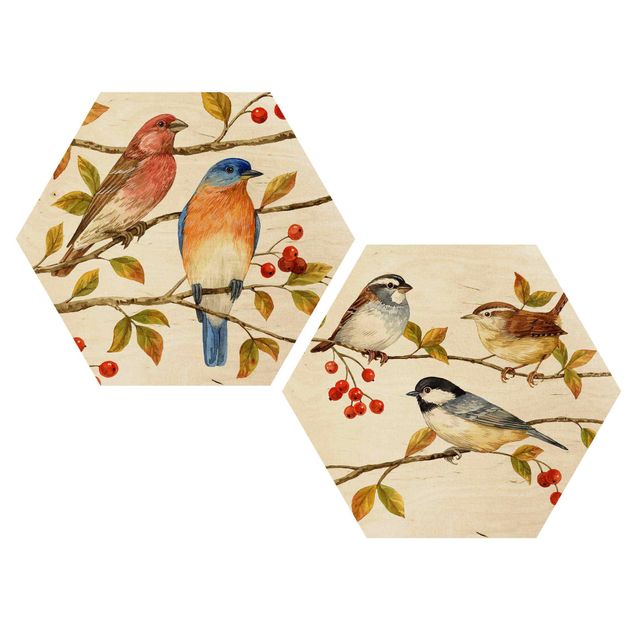 Wood prints Birds And Berries Set I