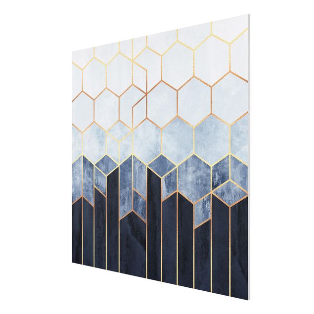 Abstract canvas wall art Golden Hexagons Blue White