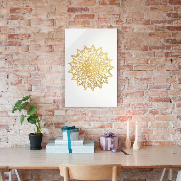 Glass prints spiritual Mandala Sun Illustration White Gold