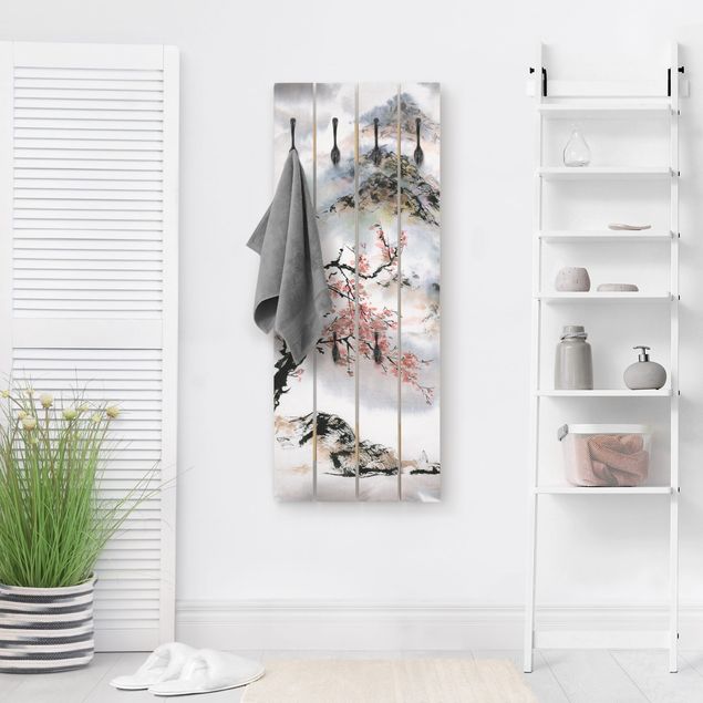 Wooden wall mounted coat rack Japanese Watercolour Drawing Cherry Tree And Mountains